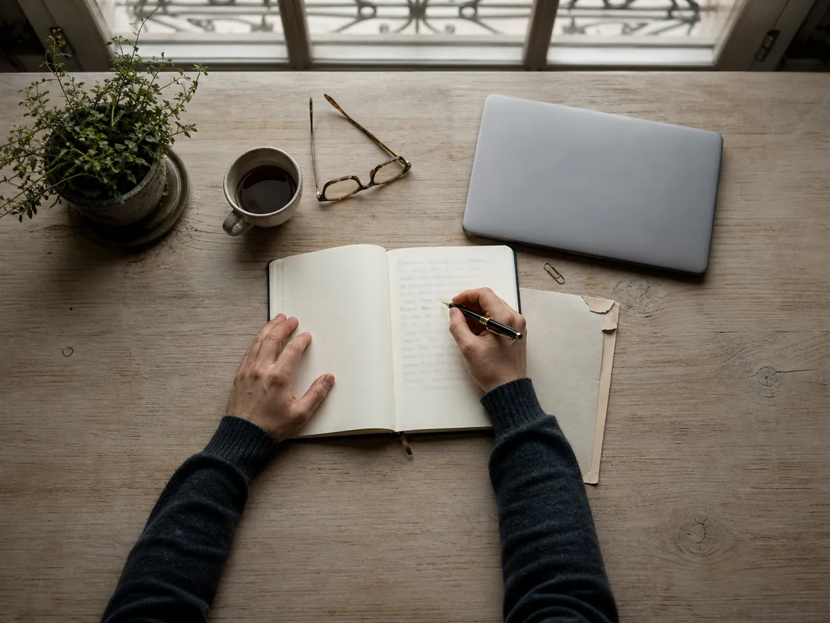 Vue en plongée d'un bureau à domicile : carnet, ordinateur portable, tasse, lumière du jour