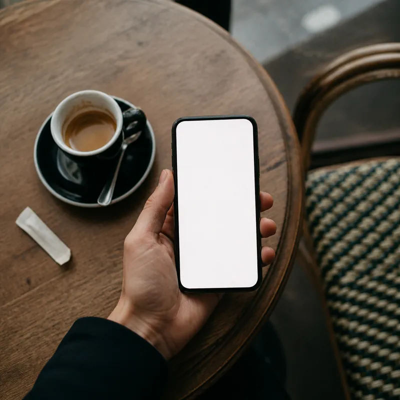 Main tenant un smartphone affichant un écran flou, café à côté