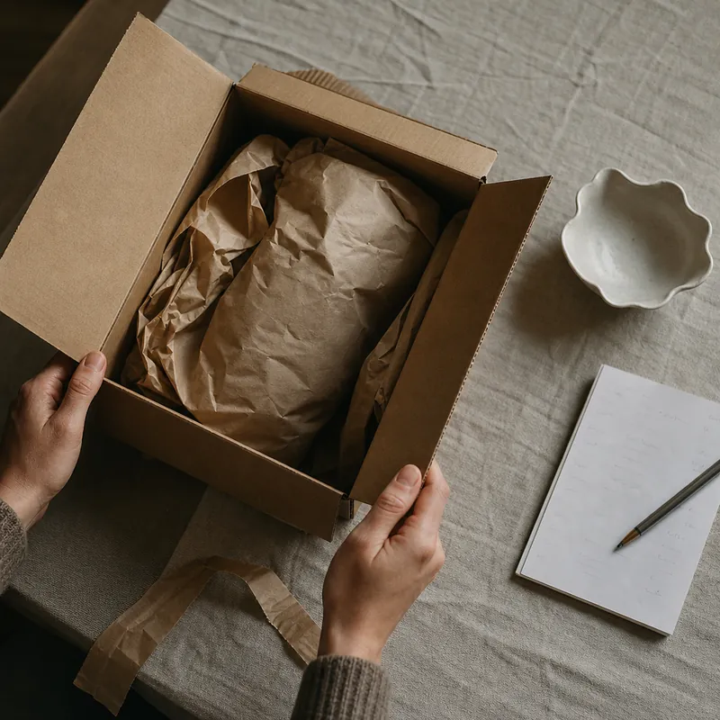 Colis ouvert sur une table de cuisine avec un carnet de notes
