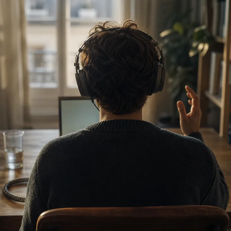 Personne devant une webcam sur un ordinateur portable, casque posé à côté