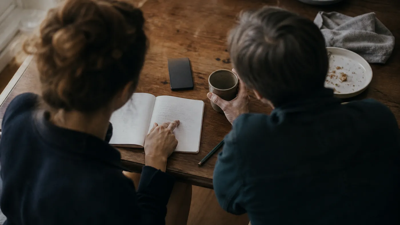 Deux personnes comparant des notes sur une table en bois, mains et carnets