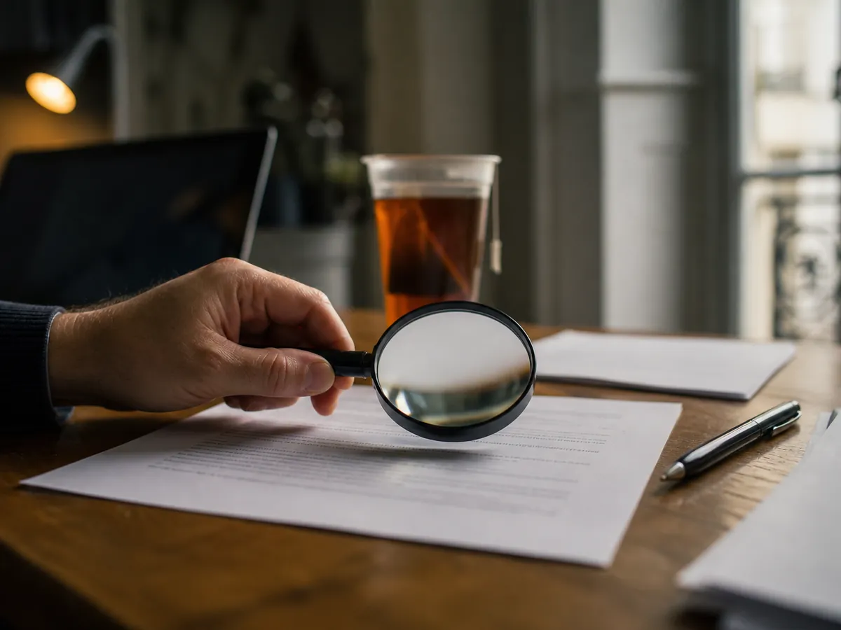Main tenant une loupe au-dessus de documents imprimés sur une table